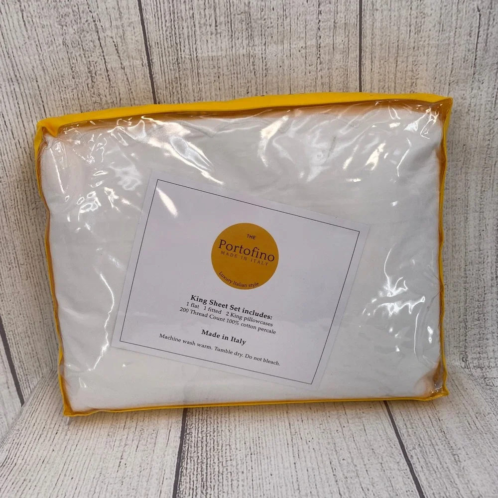 Portofino Sheet Set King White 100% Cotton Percale Scalloped Made in Italy 4pc